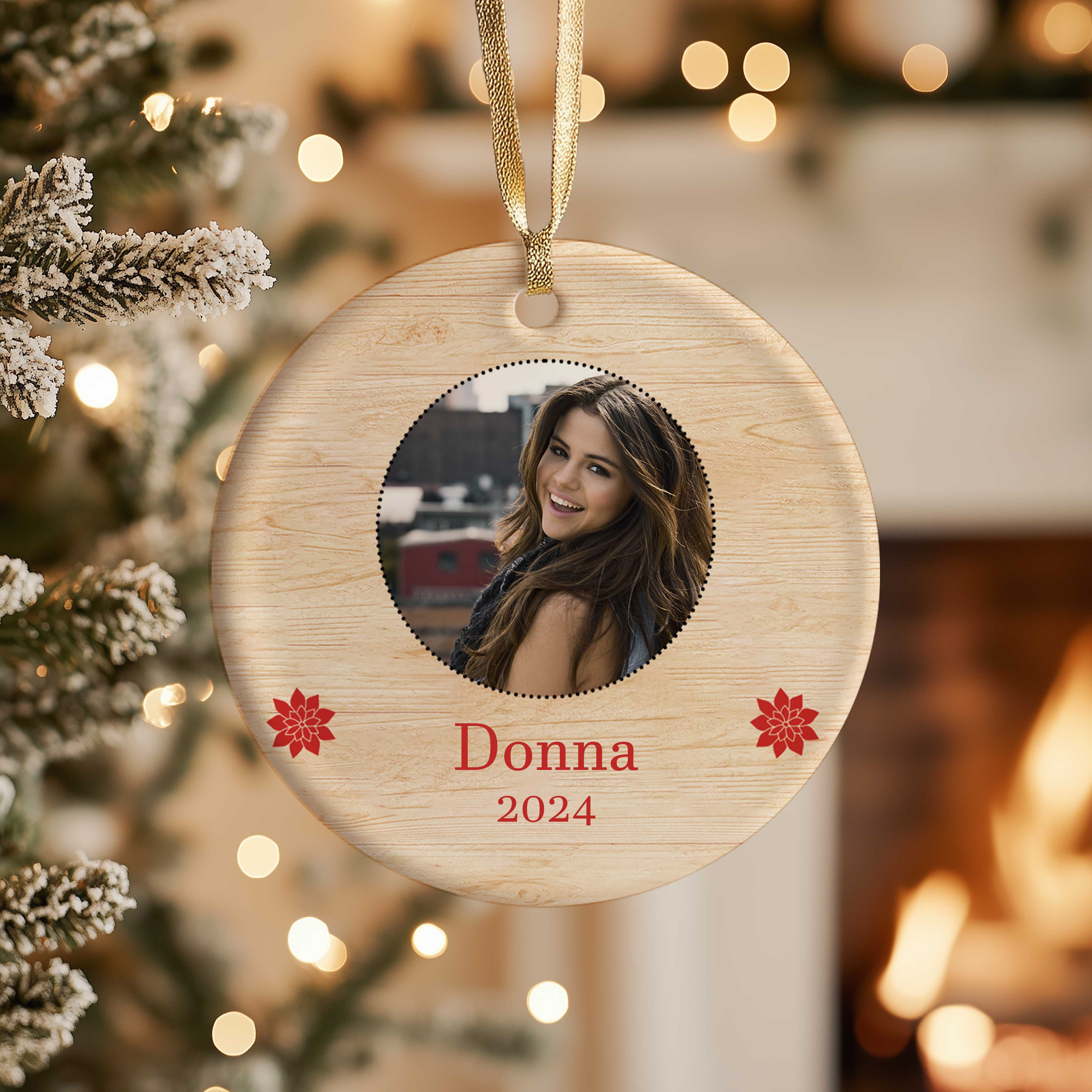 Rustic Photo with Poinsettia Accents | Simple Christmas | Ceramic Ornament